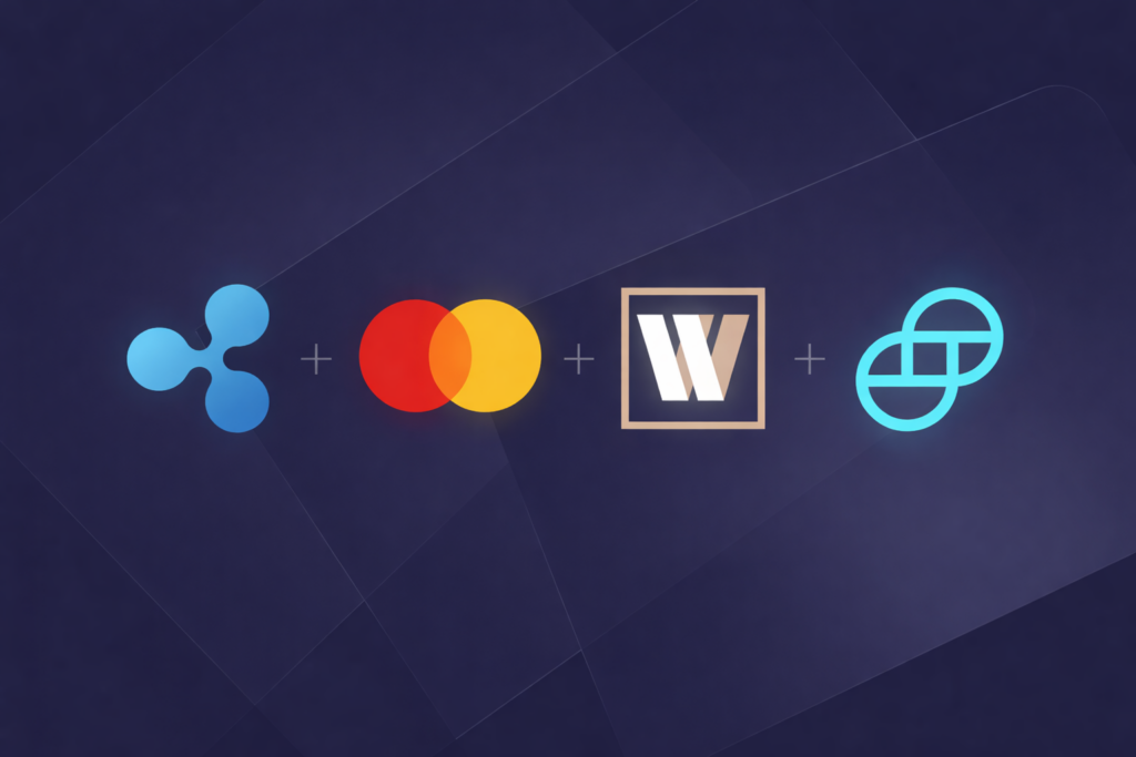 Ripple, Mastercard, WebBank, and Gemini logos representing a new financial collaboration in the crypto space.