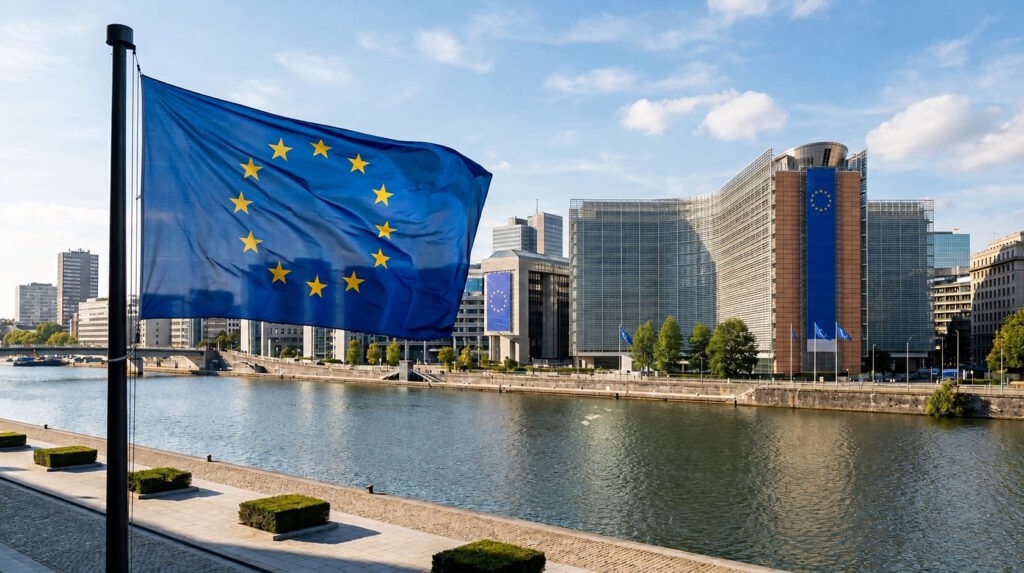 The European Union headquarters on a sunny day, with EU flag in the foreground.